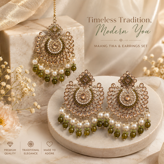 Noor-E-Olive Earrings & Maangtika