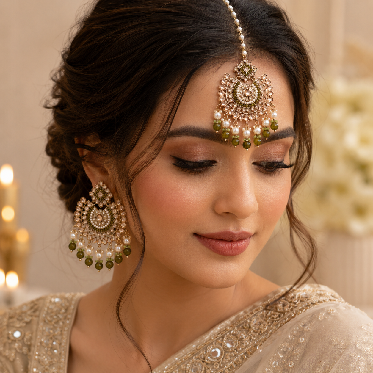 Noor-E-Olive Earrings & Maangtika